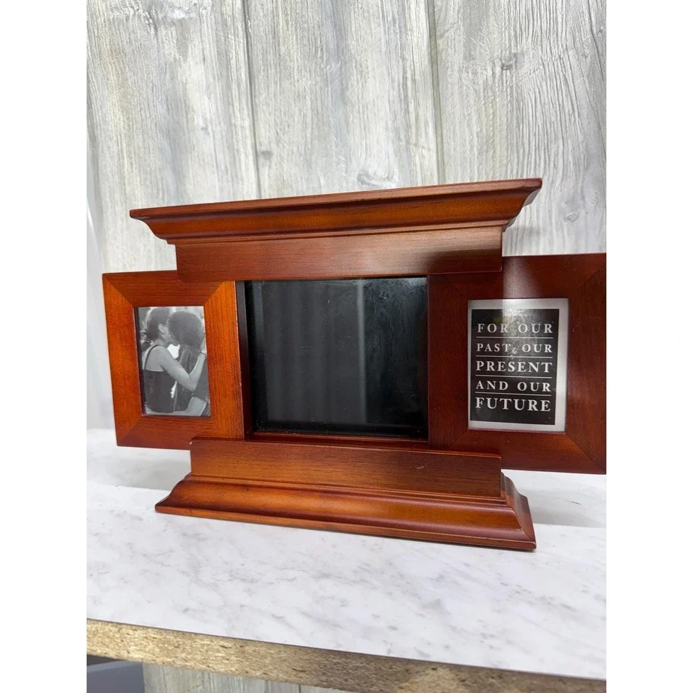 Wooden Sliding Door Triple Picture Frame Mantel Style Brown Cherry Finish